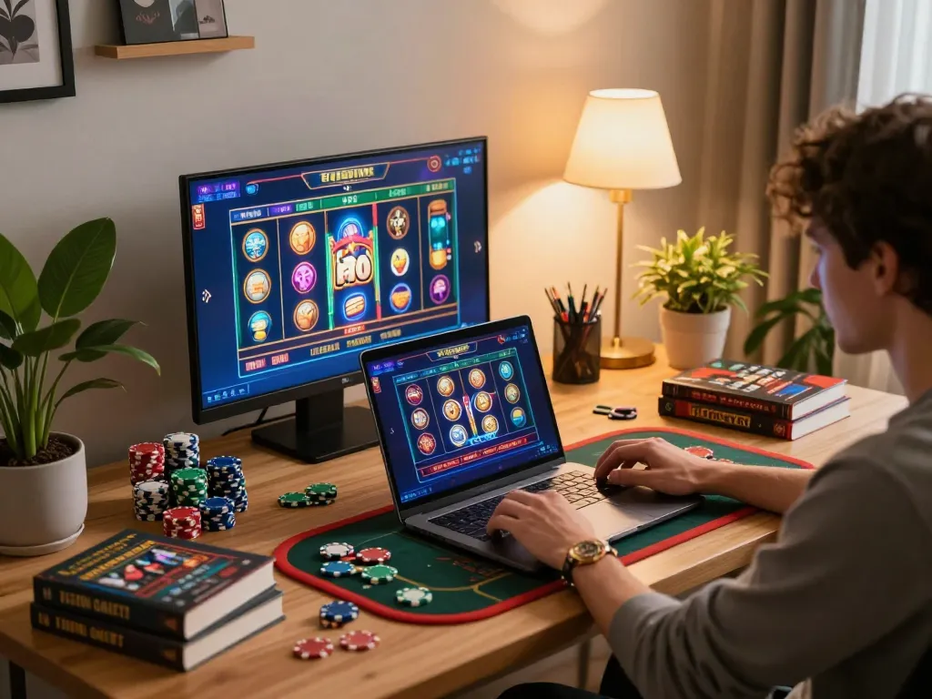 Engaging in online gambling at https://7m.us.com/ with a setup full of casino chips and strategy notes.