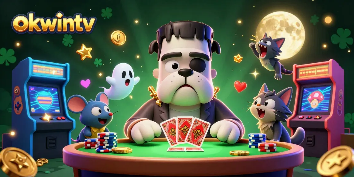 okwintv showcasing a lively poker table with a Frankenstein bulldog and vibrant casino elements in action