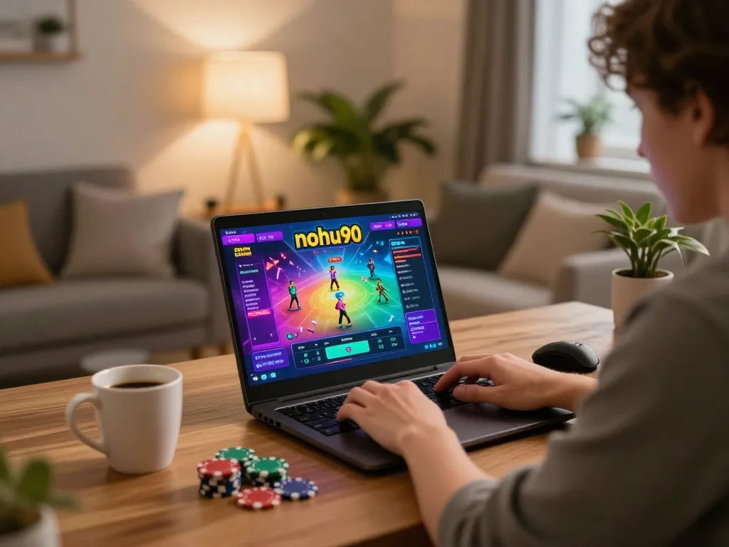 Nohu90 user engaged with exciting online casino games in a cozy home gaming setup.