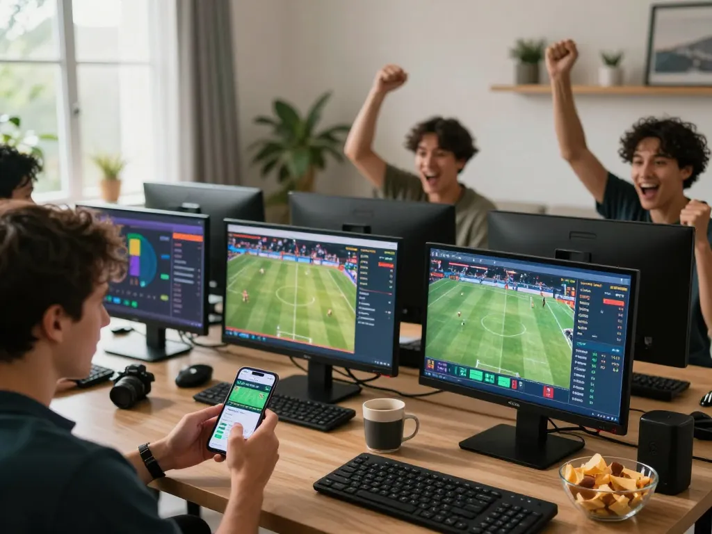 Engage in dynamic sports betting with nk88 in a vibrant home setting, showcasing screens and excitement.