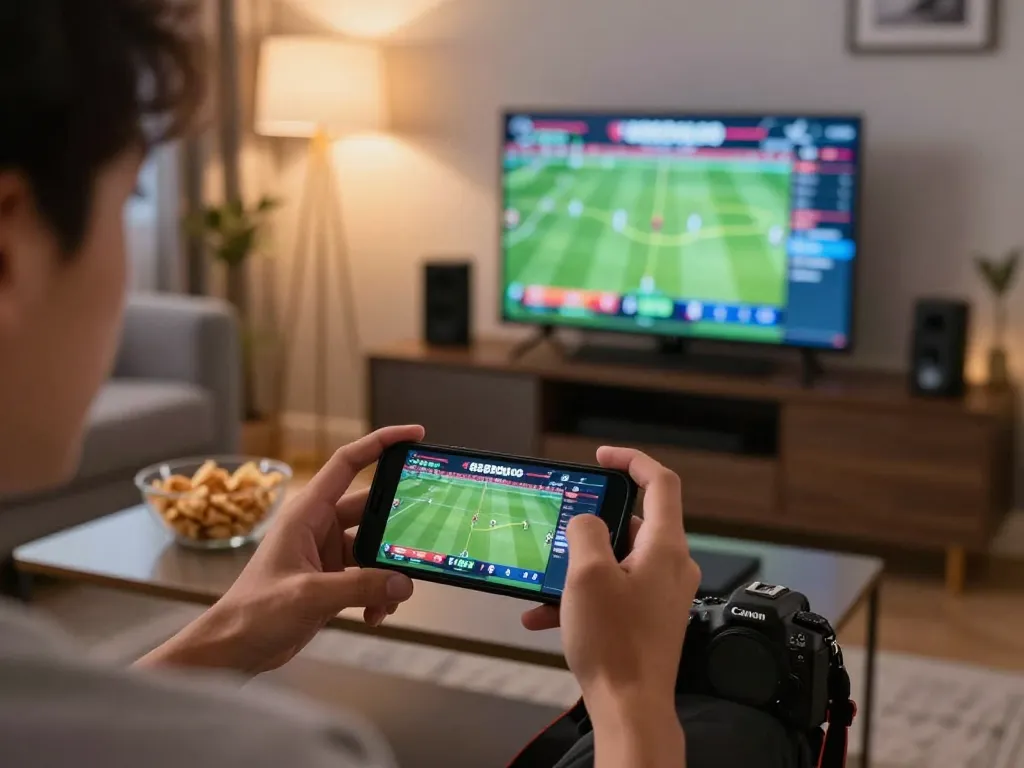Player engaging in sports betting on 888bgo using a smartphone, showcasing an inviting home environment.