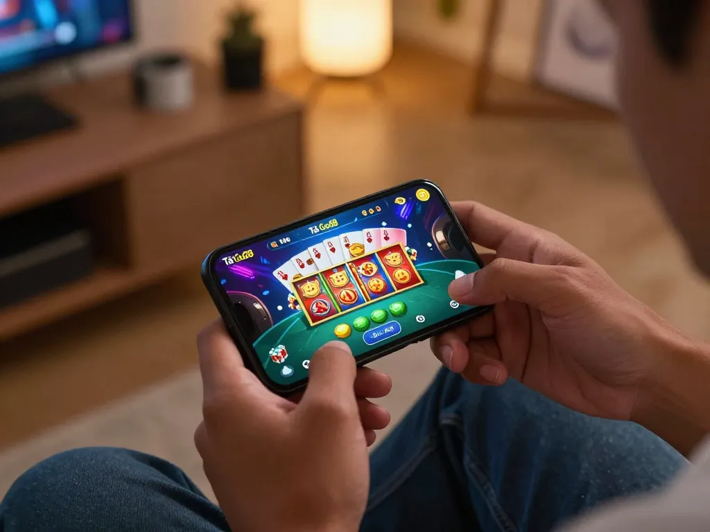 Tải Go88 app displayed on smartphone during home gaming session, showcasing online gambling excitement.