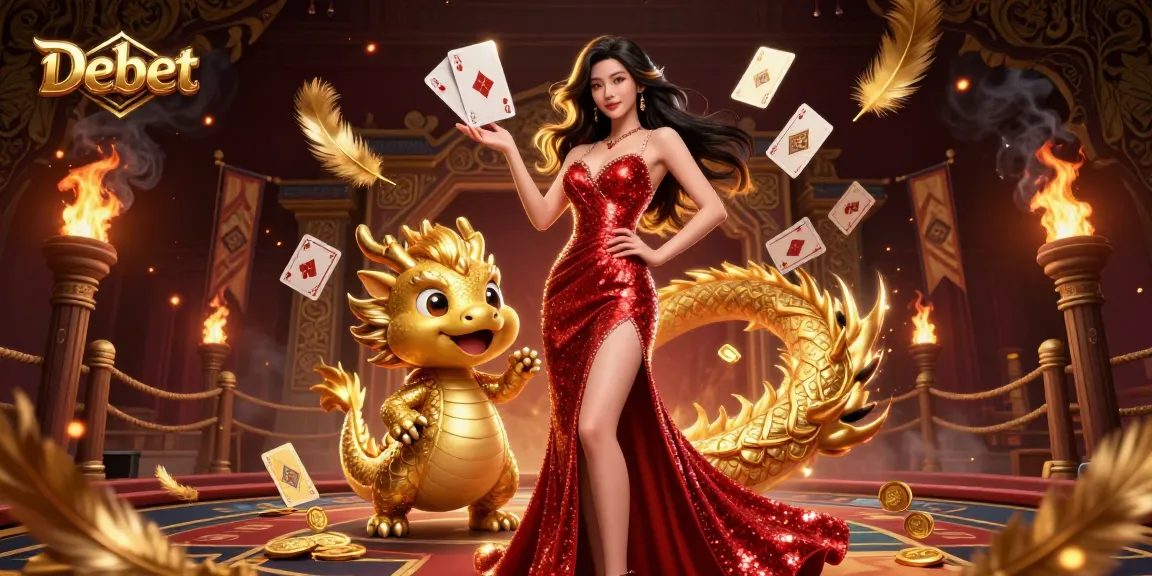 Debet casino features an elegant woman and golden dragon amidst dynamic gaming elements in a vibrant scene.