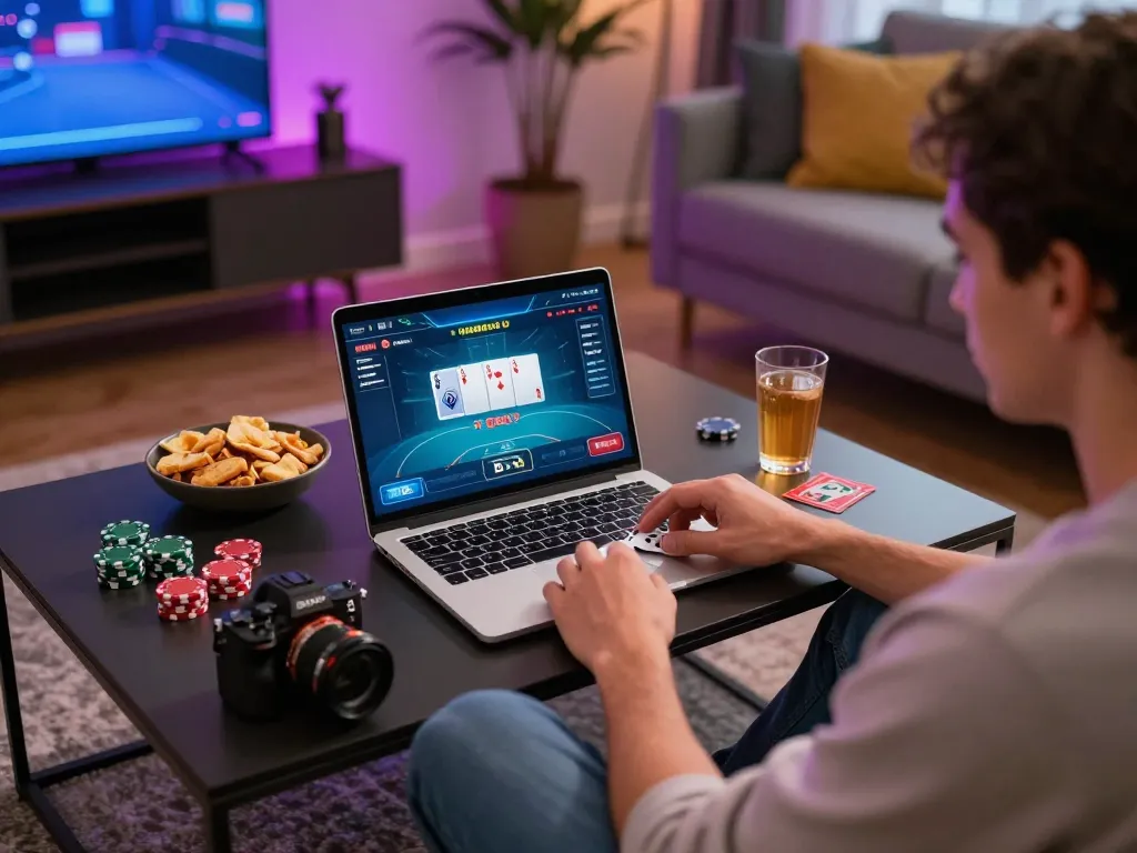 Engaged player navigating the B52club poker game on a laptop at home.