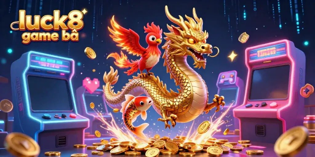 Engage in the luck8 game bài adventure with a vibrant scene featuring a golden dragon, phoenix, and koi fish amidst sparkling coins.