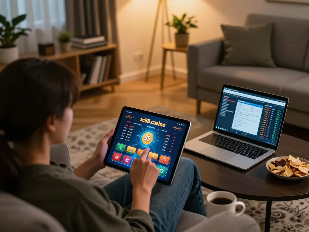 Engaging with sc88.casino on a tablet in a stylish living room setup.