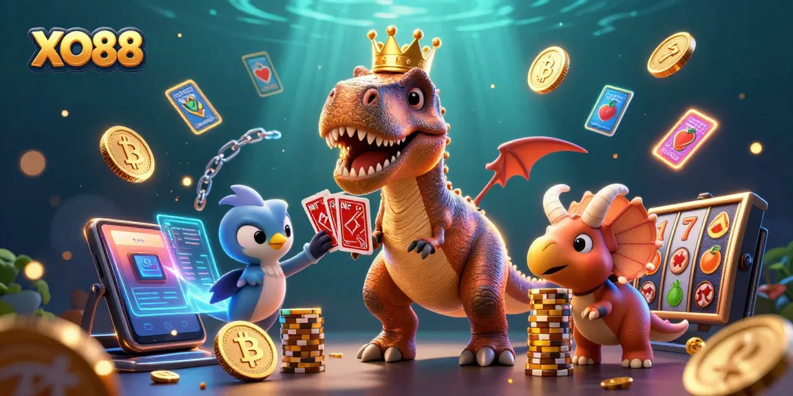 Engage in casino action with XO88 featuring a T-Rex, pterodactyl, and triceratops playing cards and stacking chips.