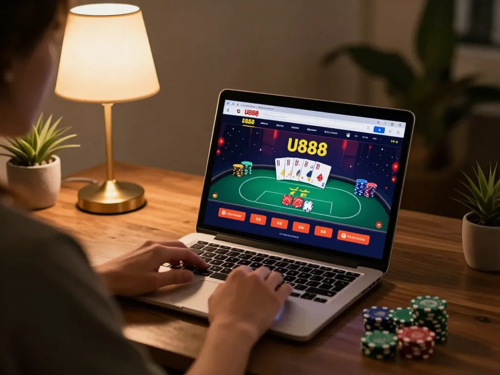 Player engaged in U888 online casino game, showcasing poker action on laptop screen and strategic atmosphere
