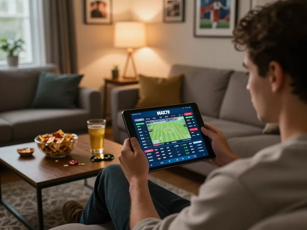 Person engaging with MAX79 app for interactive sports betting in a warm home setting