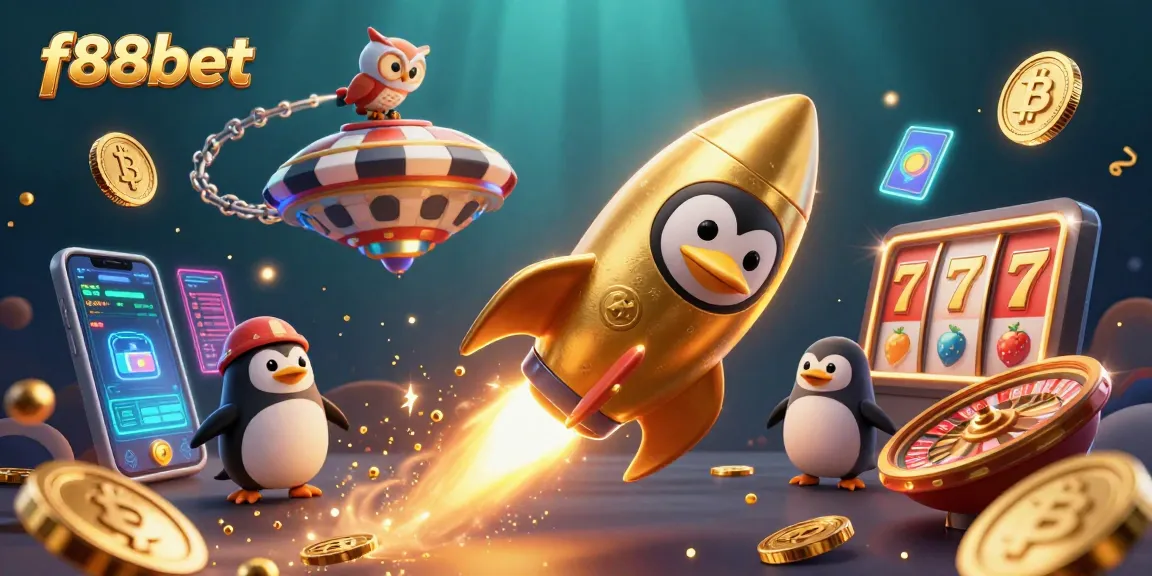 Engage in thrilling gaming with f88bet, featuring a golden penguin soaring to a vibrant casino in space.
