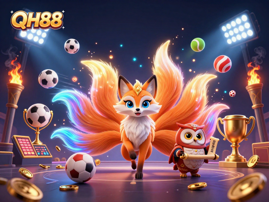 Experience excitement with QH88 in this vibrant 3D casino spirit scene depicting sports betting elements.