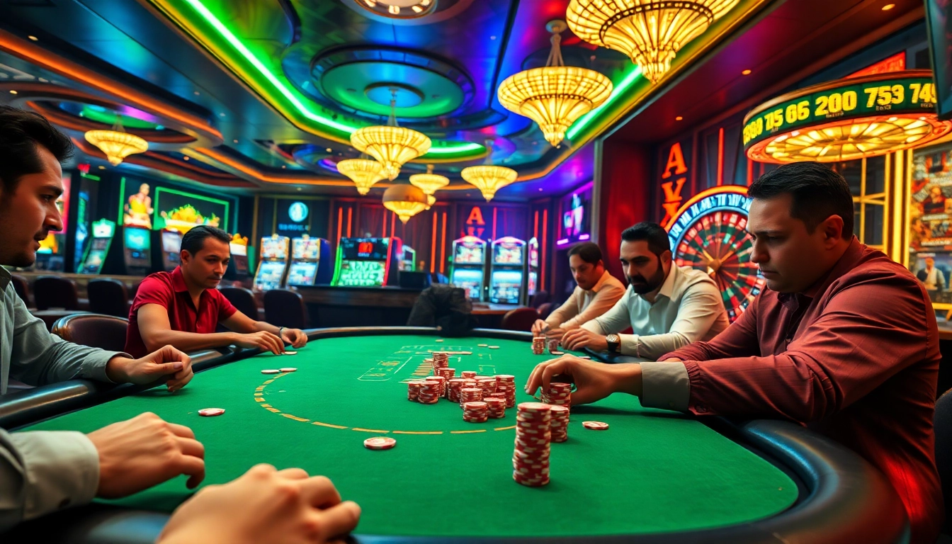 Engaged players at 789club strategy poker game with vibrant casino background.