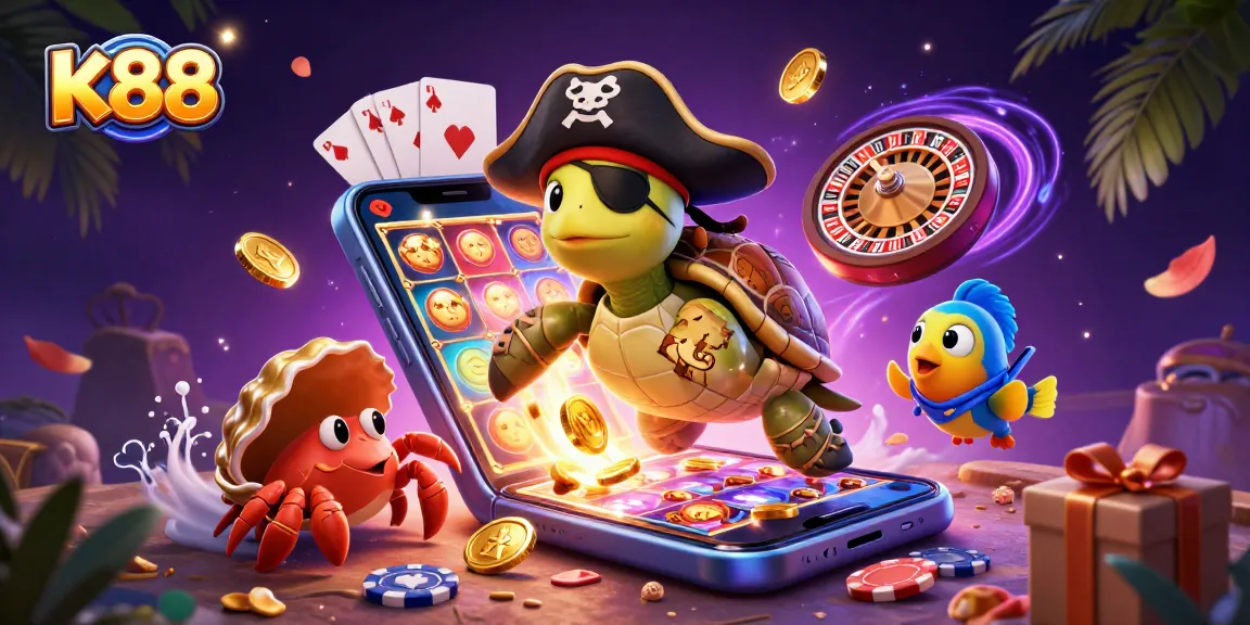 K88 players spinning the reels on mobile slots while treasure and games surround them.