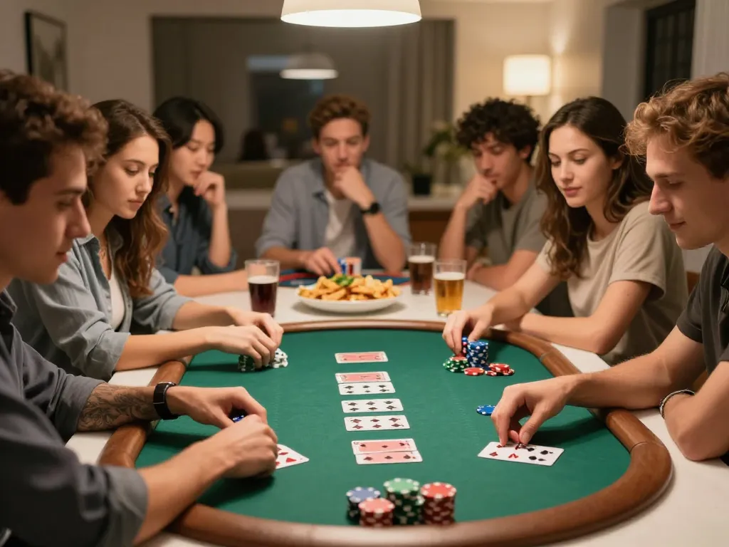 A group of friends enjoying a poker night at home while engaging in 999bet gameplay strategies with colorful chips and cards.
