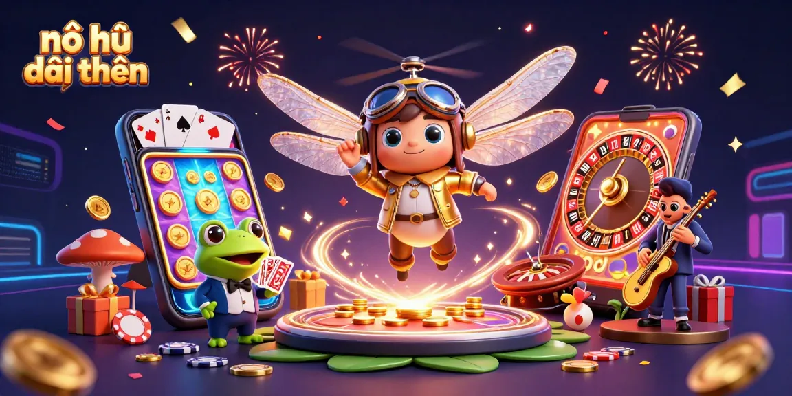 Engage in nổ hũ đổi thưởng with vibrant 3D casino scene featuring spinning slots, golden coins, and festive characters.