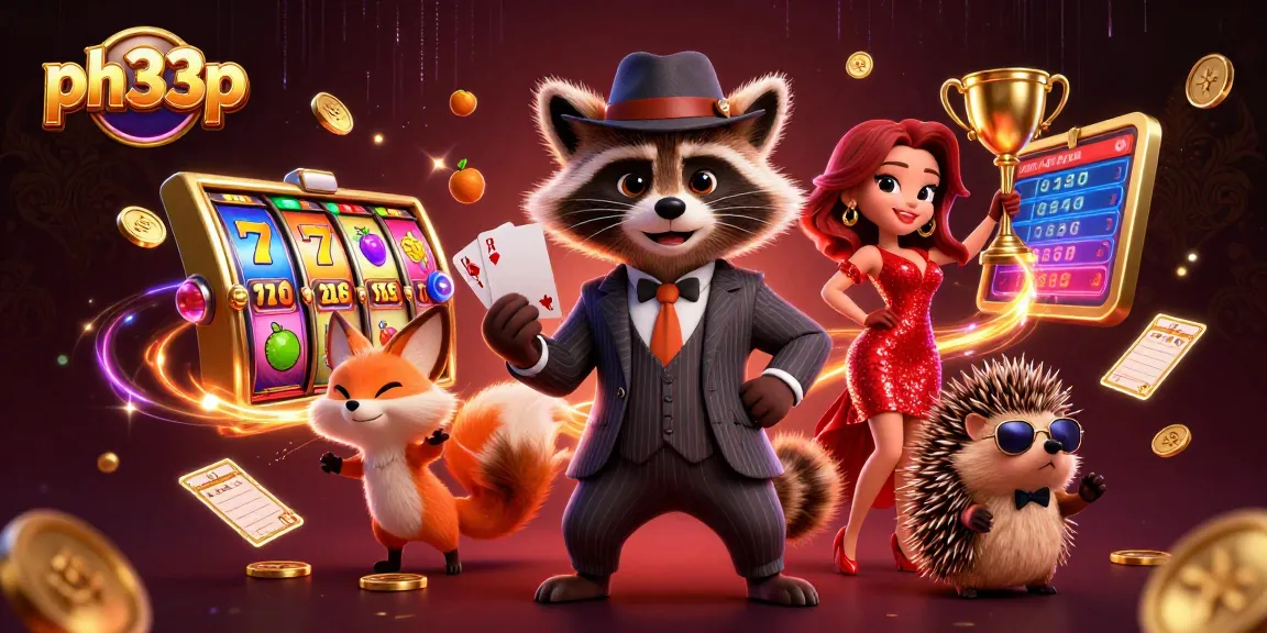 Join the action at ph33p casino with a vibrant illustration depicting card games and colorful reels.