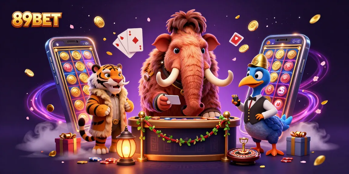 Engage with 89BET's vibrant casino atmosphere featuring a woolly mammoth bouncer and dynamic gaming elements.
