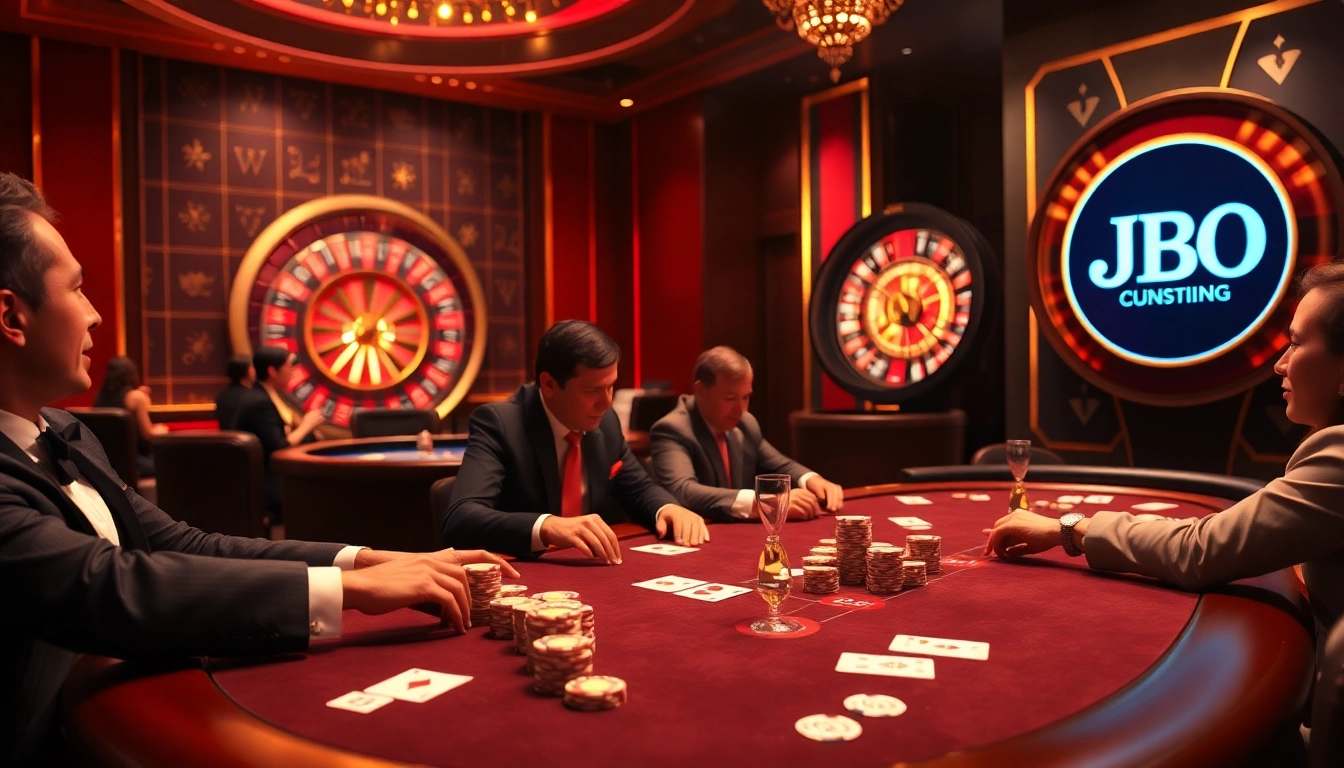 Players enjoying a high-stakes poker game at JBO's luxurious casino with vibrant chips and cards.