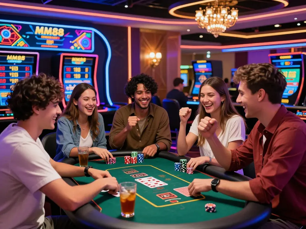 Friends enjoying an exciting gaming experience at MM88 online casino, vibrant atmosphere with neon lights and modern decor.