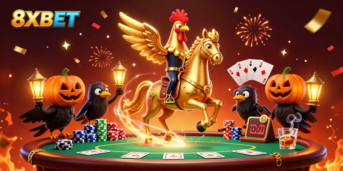 Experience 8XBET magic with vibrant casino characters and poker action in a mystical setting.