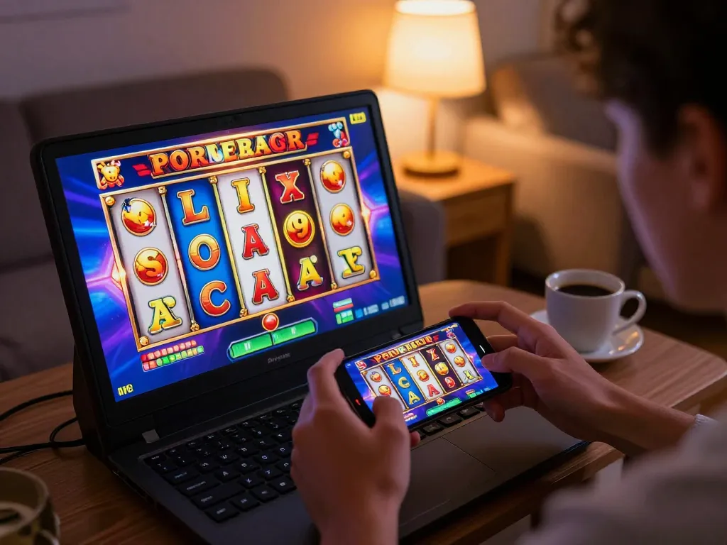 Engaging with onbet slots on a smartphone in a cozy home environment while enjoying responsible gaming.