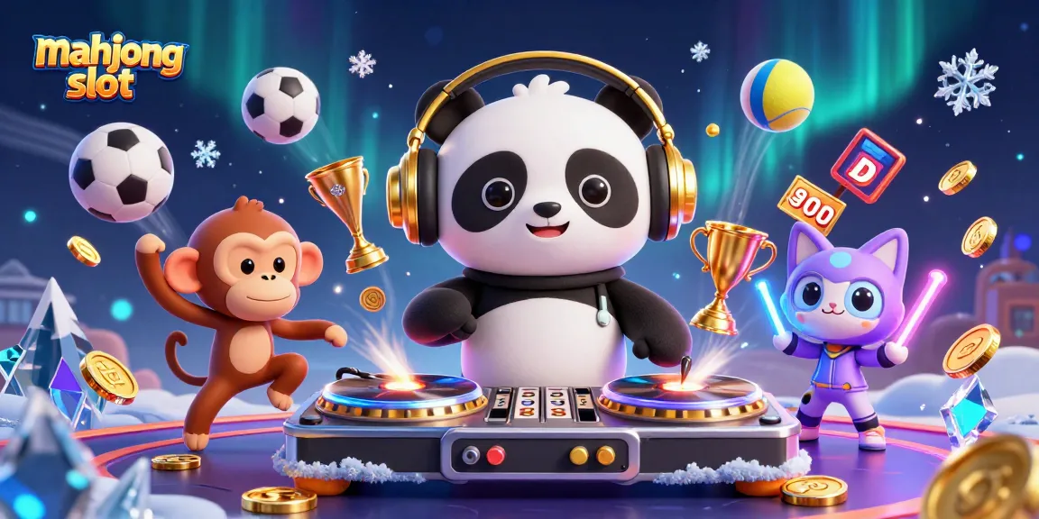 Exciting mahjong slot scene with a DJ panda, dancing monkey, and kitten celebrating wins.