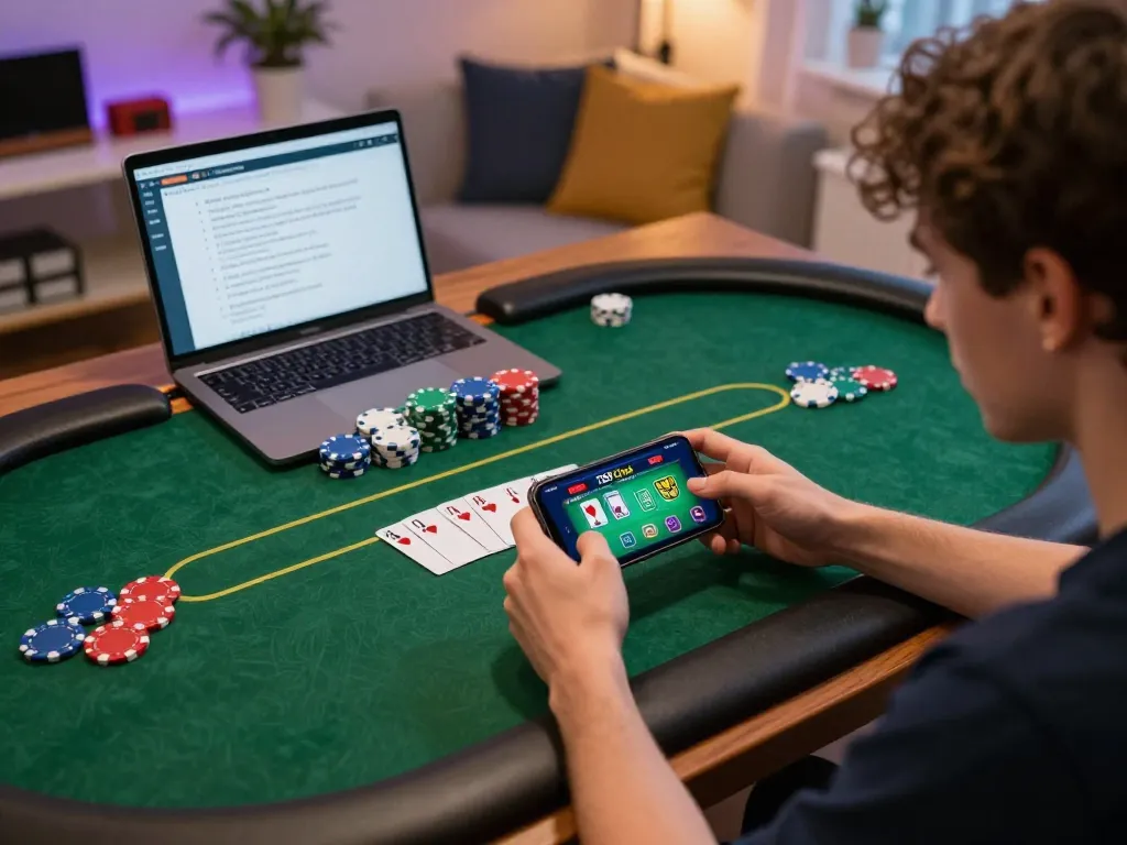 Playing an exciting poker game on the 789Club app using smartphone, vibrant home gaming atmosphere.