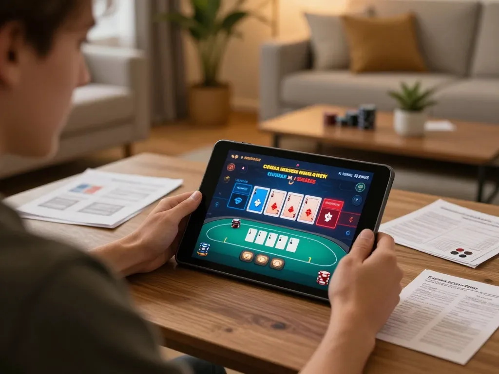 Player engaging with fly88’s online poker app while analyzing strategies in a cozy home setting.