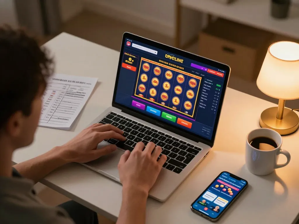 Engaged player enjoying tr88seo online casino gaming, showcasing vibrant slots and strategies on laptop