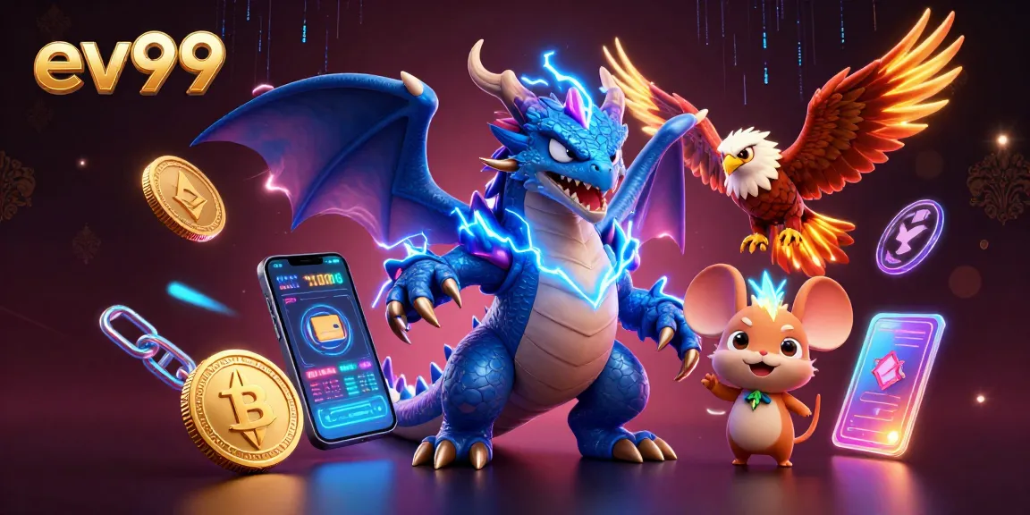 Engage in thrilling gameplay at ev99 with a dynamic 3D illustration of vibrant casino elements.