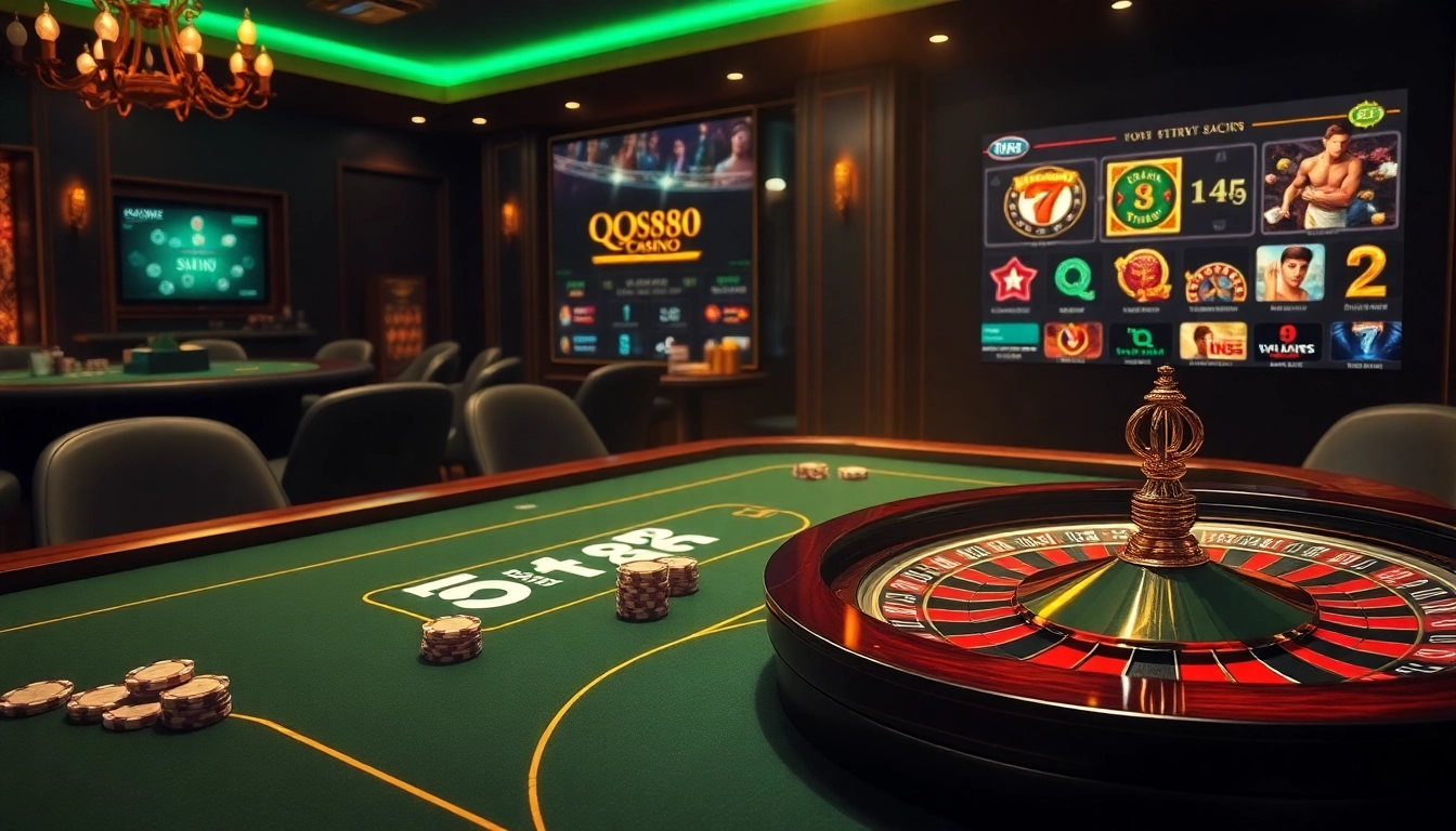 Experience the excitement of QQ88 gaming with vibrant casino elements like roulette and poker tables.