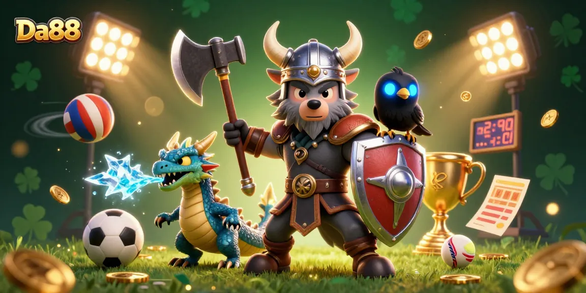 Engage with Da88 casino excitement through a vibrant 3D cartoon illustration featuring a Viking wolf warrior, dragon, and sports elements.