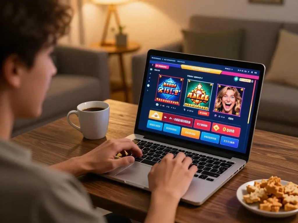 Player engaging in online casino gaming on laptop while enjoying snacks, featuring 9BET interface.