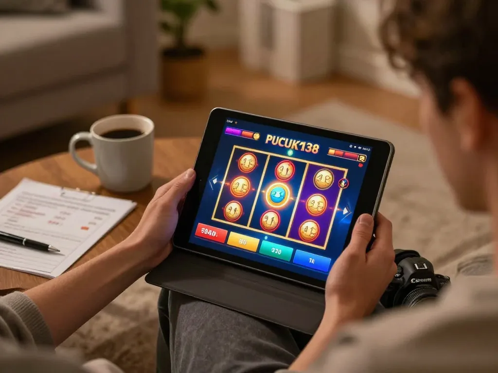 Player enjoying online slots on PUCUK138, showcasing engaging gameplay and cozy atmosphere