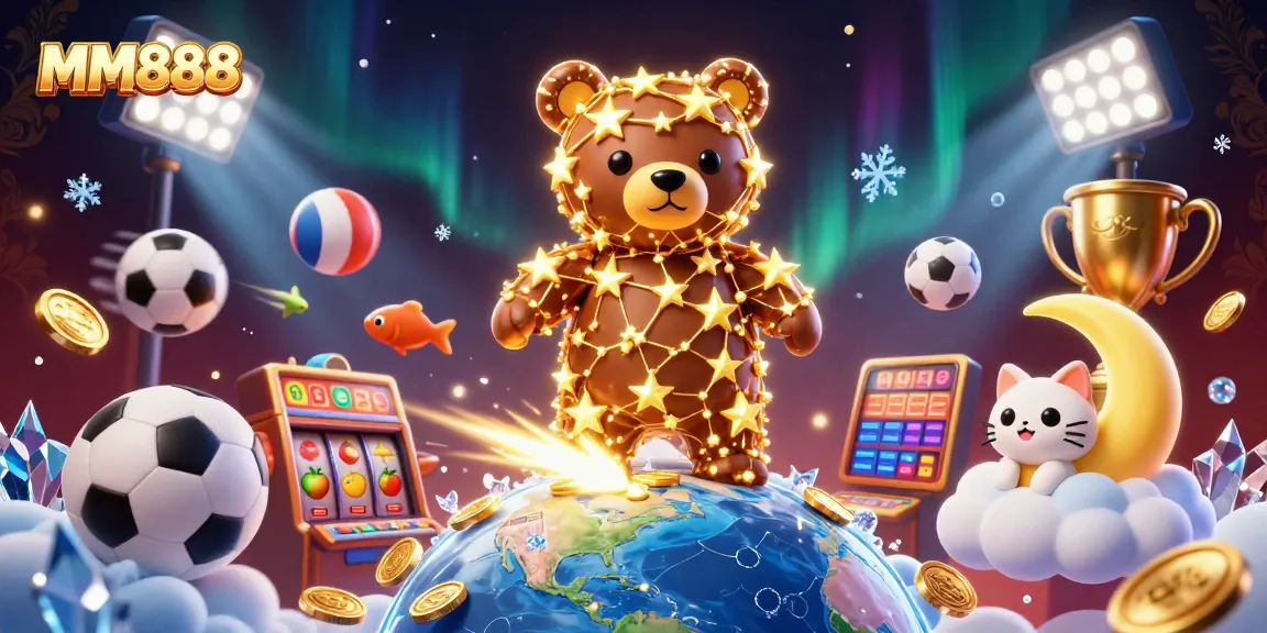 Experience the thrill of MM888 as the constellation bear scoops up coins with sports elements enhancing the casino vibe.