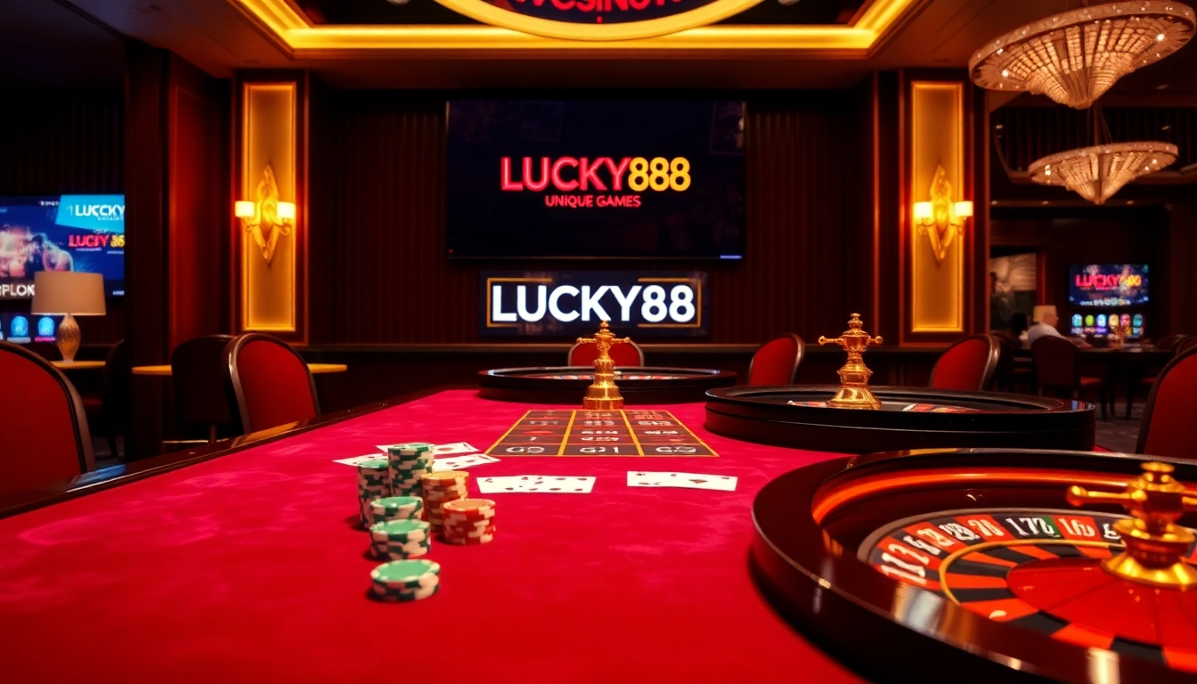 Exciting gaming scene at LUCKY88 casino with poker chips, cards, and roulette wheel.