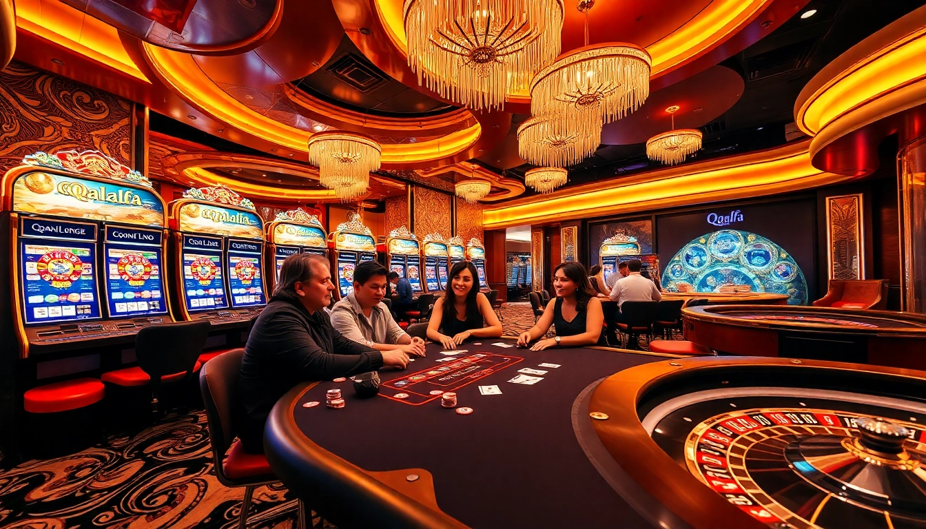 Experience the thrill of gambling at qqalfa's luxurious casino with colorful slot machines and exciting games.