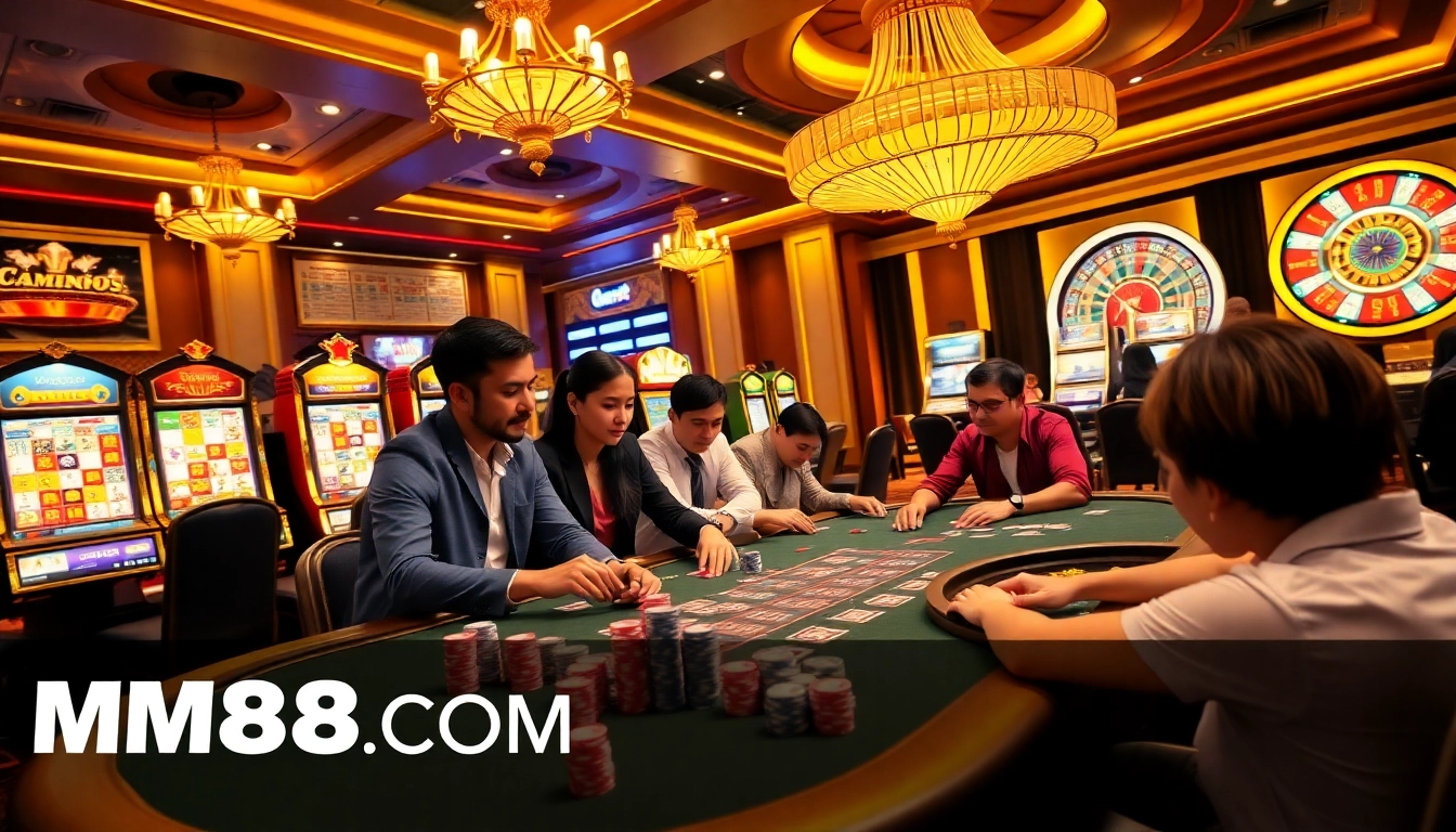Engaging scene of players at an MM88 COM casino poker table, showcasing excitement and strategy.