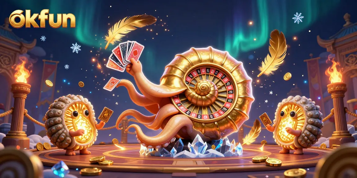Experience thrilling gameplay at okfun with a vibrant 3D casino scene featuring a giant nautilus roulette wheel.