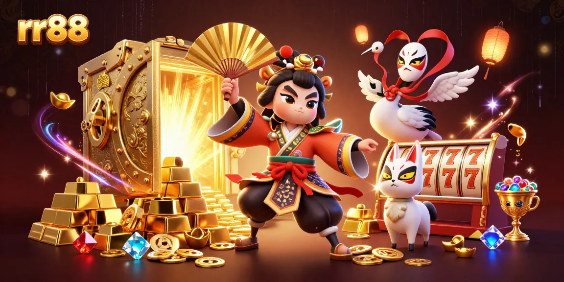 Experience dynamic gaming with rr88, showcasing a thrilling casino scene filled with treasures and characters.