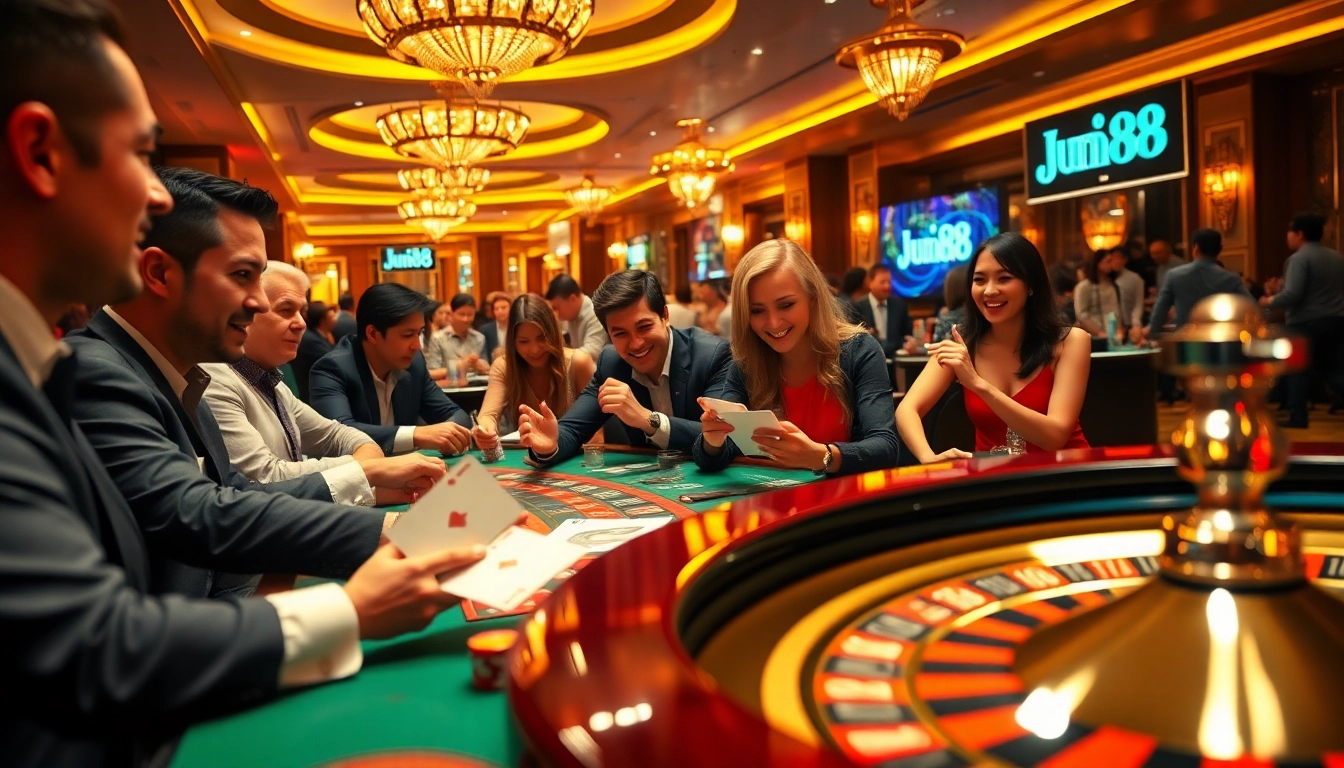 Players engaging intensively at Jun88 casino tables amid an atmosphere of luxury and excitement.