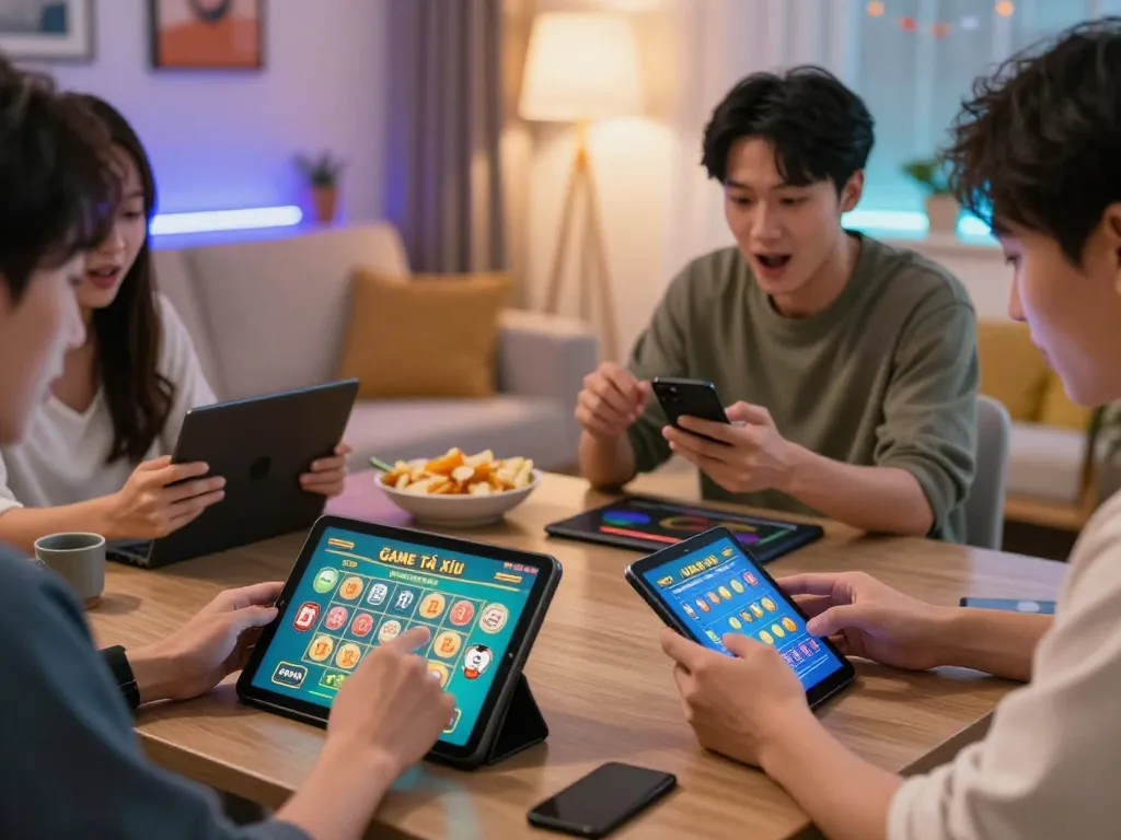 Excited players enjoy Game Tài Xỉu online from home, using tablets and phones to place bets.