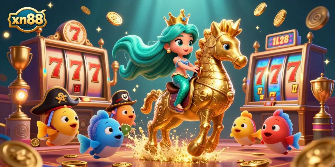 Win big with xn88 in this vibrant casino world featuring a mermaid and a giant seahorse.