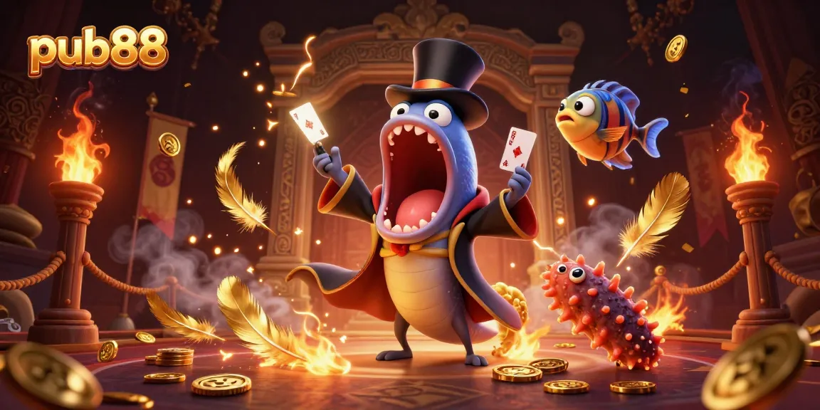 Experience exciting card magic at pub88 with a bioluminescent eel, anglerfish, and sea cucumber in this vibrant casino scene.