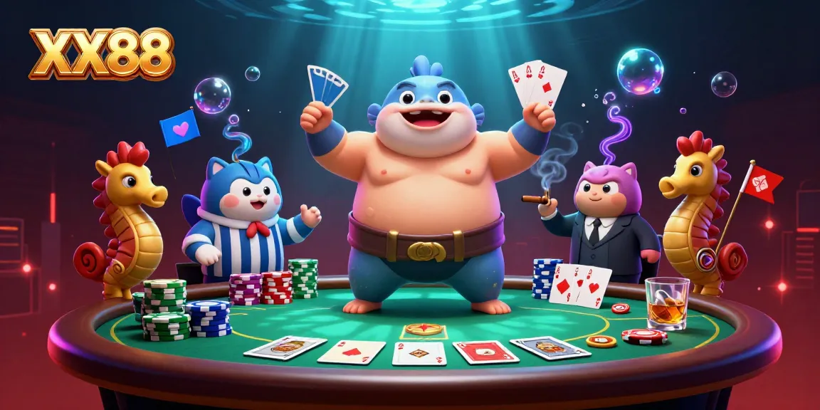 Experience the vibrant underwater casino atmosphere of XX88 with fugu and friends engaging in thrilling poker action.