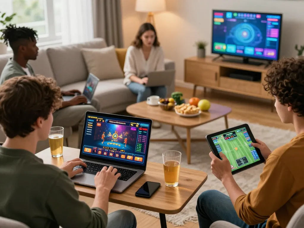 Hitclub users enjoying online gaming on multiple devices in a vibrant home setting