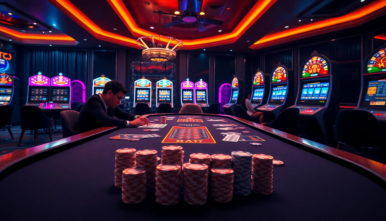 The image showcases an exciting online casino experience featuring a poker table and slot machines, highlighting the gg88 link.