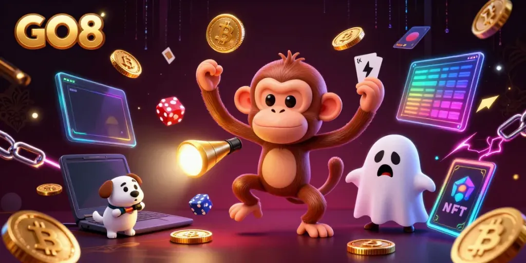 Experience the thrill of GO8's haunted casino with a playful monkey and ghost-hunter puppy in action.