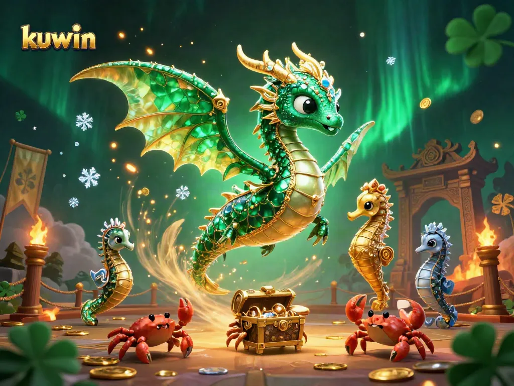 Kuwin showcases a vibrant casino scene with an emerald sea dragon and treasure chest surrounded by gold coins and betting tokens.
