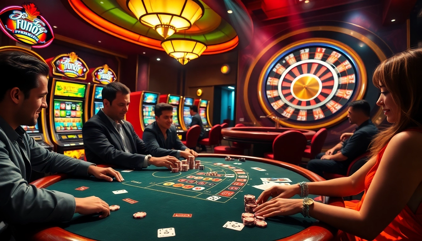 Engage in thrilling gaming at fun88 with vibrant casino tables and bright slot machines.